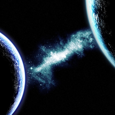 Scientific Animation of Two Worlds with a Universe in the background center.